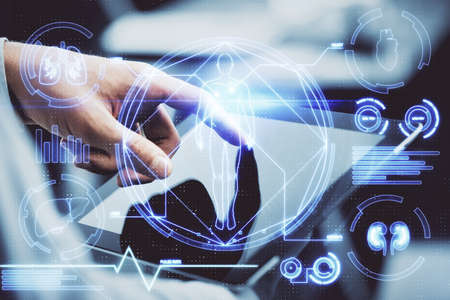 Double exposure of man's hands holding and using a phone and education theme drawing.の写真素材