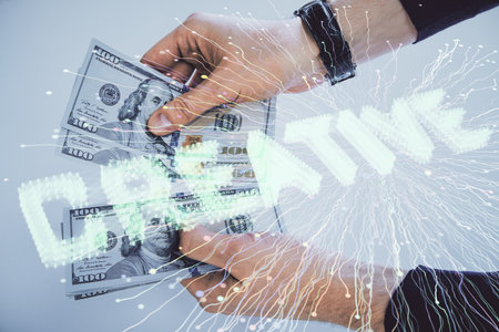 Multi exposure of creative drawing hologram and USA dollars bills and man hands. Start up conceptの写真素材