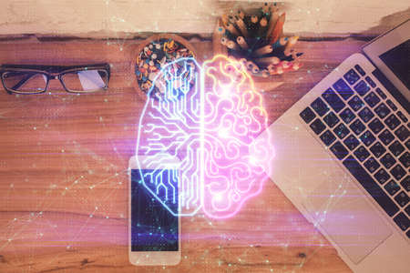 Double exposure of brain drawing over work table desktop. Top view. Global data analysis concept.