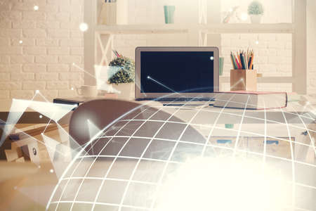 Multi exposure of world map drawing and office interior background. Concept of international network.の写真素材