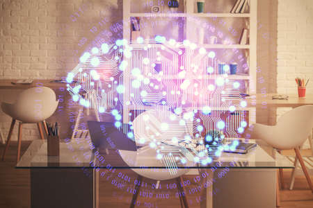 Double exposure of brain drawing and office interior background. Concept of data technology.