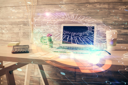 Multi exposure of data theme drawing and office interior background. Concept of technology.の写真素材
