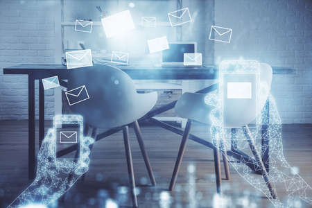Multi exposure of envelops drawings and office interior background. E-mail concept.の写真素材