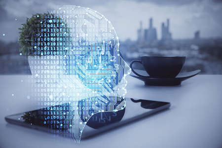 Double exposure of brain theme drawing and cell phone background. Concept of informationの写真素材