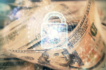 Double exposure of lock drawing over us dollars bill background. Security safe concept.の写真素材