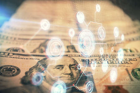 Double exposure of data theme drawing over us dollars bill background. Technology concept.の写真素材