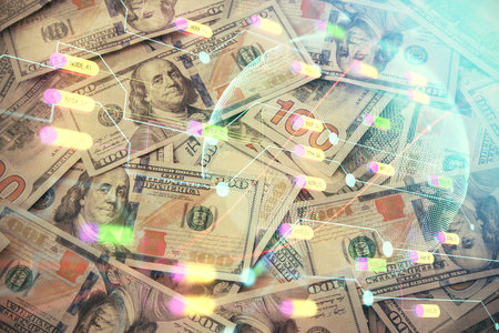 Double exposure of world map drawing over us dollars bill background. International concept.の写真素材