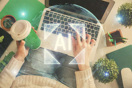 Double exposure of woman hands working on computer and data theme hologram drawing. Top View....