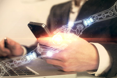 Multi exposure of man's hand holding and using a digital device and data theme drawing. Innovation...