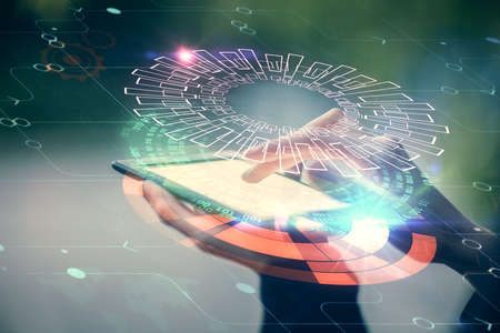 Double exposure of technology sketch hologram and woman holding and using a mobile device. Ai...