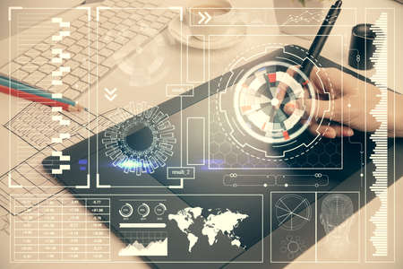 Double exposure of technology sketch hologram and woman holding and using a mobile device. Ai...