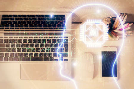 Multi exposure of brain sketch hologram over topview work table background with computer. Concept of big data.の写真素材