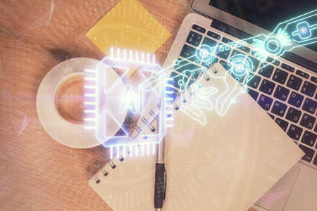 Double exposure of data drawing hologram over topview of study desk background with computer....