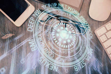 Multi exposure of technology theme drawing over work table desktop. Top view. Global data analysis concept.の写真素材