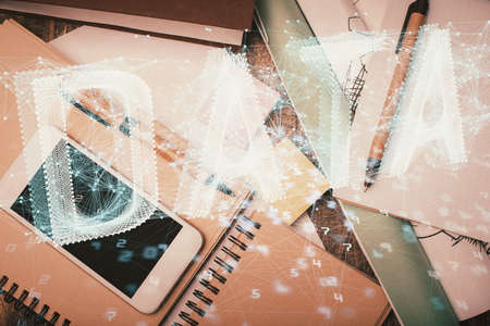Multi exposure of technology theme drawing over work table desktop. Top view. Global data analysis...