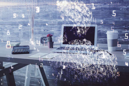 Double exposure of tech theme drawings and office interior background. Technology concept.
