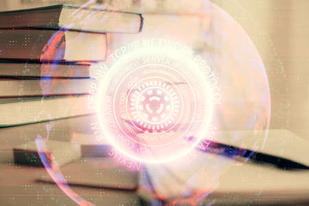 Double exposure of technology theme drawing and desktop with coffee and items on table background....