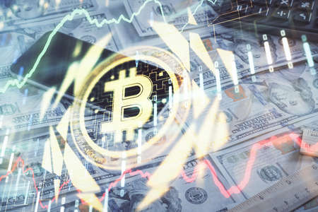 Multi exposure of crypto theme drawing over us dollars bill background. Concept of blockchain...
