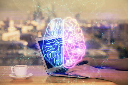 Multi exposure of woman hands working on computer and human brain hologram drawing. Ai tech concept.