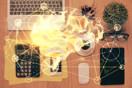Multi exposure of brain drawing over work table desktop. Top view. Global data analysis concept.