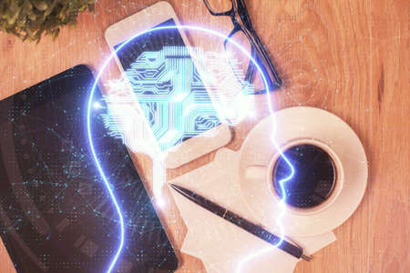 Multi exposure of brain drawing over work table desktop. Top view. Global data analysis concept.