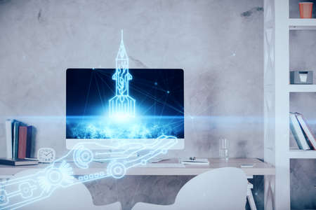 Multi exposure of creative theme drawings and office interior background.の写真素材