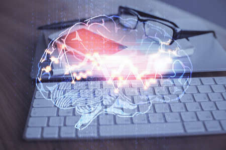 Double exposure of brain theme drawing and cell phone background. Concept of information