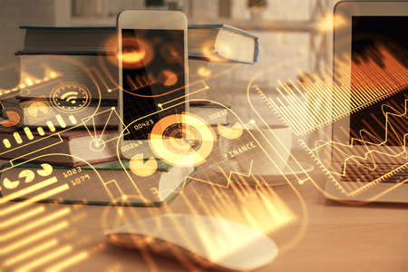 Double exposure of tech theme sketch over cell phone background. Concept of technologyの写真素材