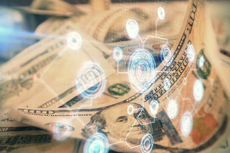 Double exposure of data theme drawing over us dollars bill background. Technology concept.の写真素材