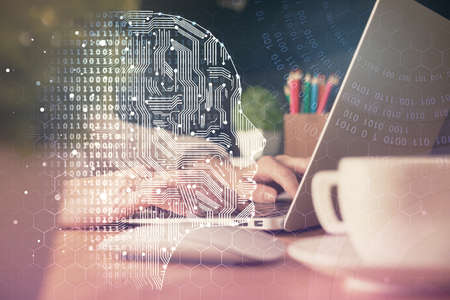 Double exposure of woman hands working on computer and brain hologram drawing. Ai concept.