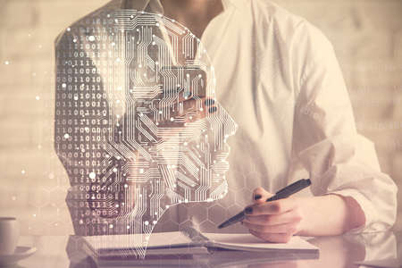 Double exposure of brain sketch hologram and woman holding and using a mobile device.