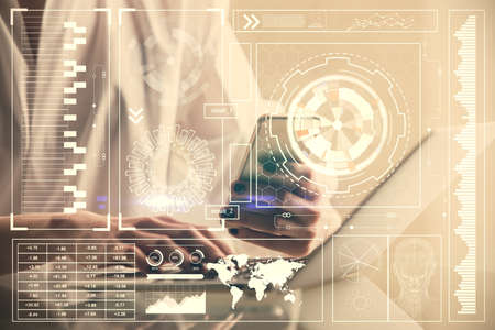 Double exposure of technology sketch hologram and woman holding and using a mobile device. Ai...