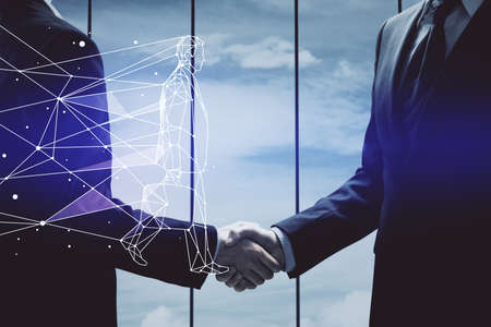 Multi exposure of creative drawing hologram and handshake of two men. Start up concept
