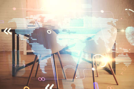Multi exposure of world map drawing and office interior background. Concept of international...