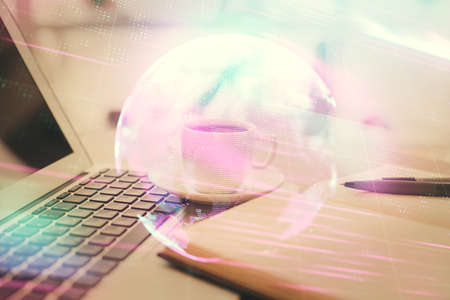 Double exposure of technology theme drawing and desktop with coffee and items on table background....
