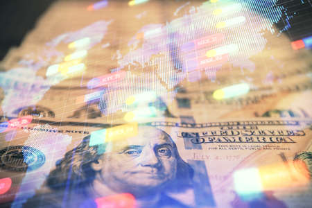 Double exposure of data theme drawing over us dollars bill background. Technology concept.