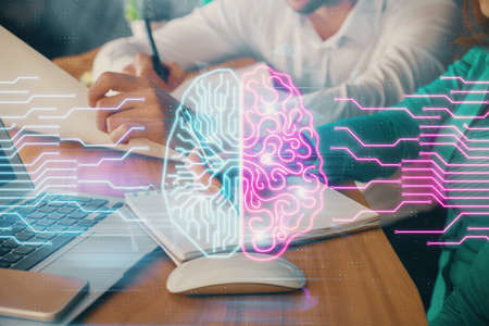 Double exposure of brain drawing over people taking notes background. Concept of Aiの写真素材