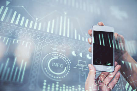 Double exposure of tech icon hologram and woman holding and using a mobile device. Technology...