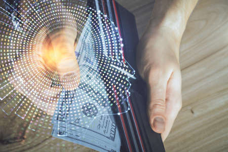 Multi exposure of brain drawing hologram and us dollars bills and man hands. Ai invest conceptの写真素材
