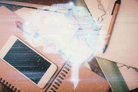 Double exposure of brain drawing over work table desktop. Top view. Global data analysis concept.の写真素材