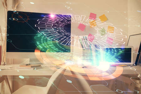 Double exposure of data theme drawing and office interior background. Concept of technology.