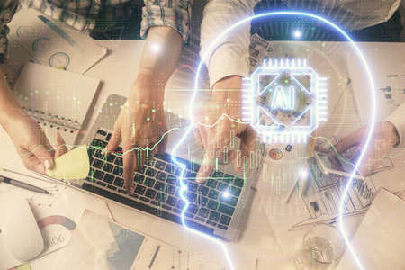 Double exposure of man and woman working together and human brain hologram drawing. Brainstorm...