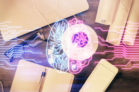 Multi exposure of brain sketch hologram over topview work table background with computer. Concept of big data.の写真素材