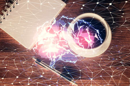 Double exposure of brain sketch and table top veiw. Concept of data analysis.