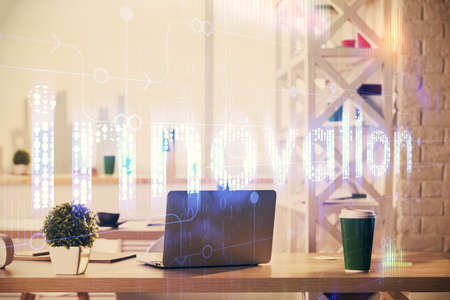 Double exposure of data theme drawing and office interior background. Concept of technology.の写真素材