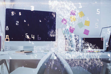 Double exposure of tech theme drawings and office interior background. Technology concept.