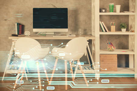 Multi exposure of data theme drawing and office interior background. Concept of technology.の写真素材