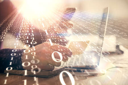 Multi exposure of man's hands holding and using a digital device and data theme drawing. Innovation...