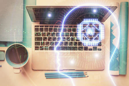 Multi exposure of brain sketch hologram over topview work table background with computer. Concept of big data.の写真素材