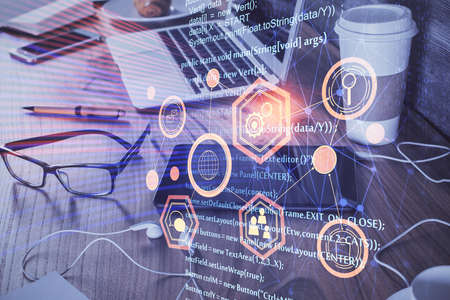 Double exposure of data theme drawing and mobile phone background. Concept of innovation